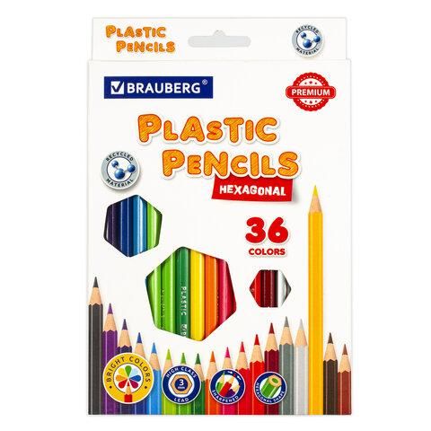 Карандаши цветные BRAUBERG PREMIUM, 36 цветов, пластиковые, шестигранные, грифель мягкий 3 мм, 181669