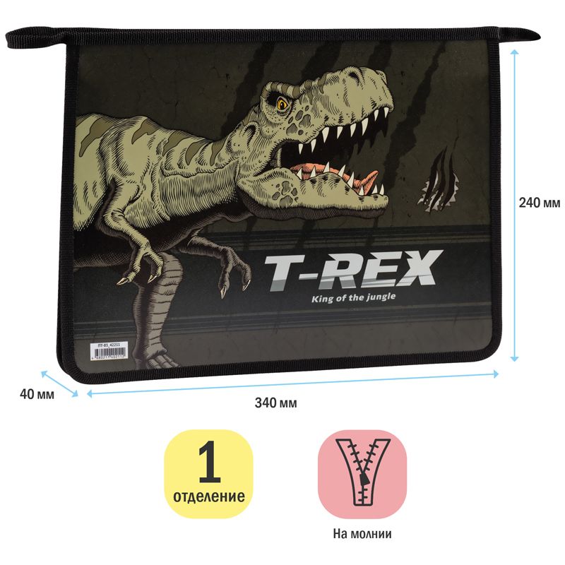 Папка для тетрадей 1 отделение А4 ArtSpace "T-Rex", пластик, на молнии