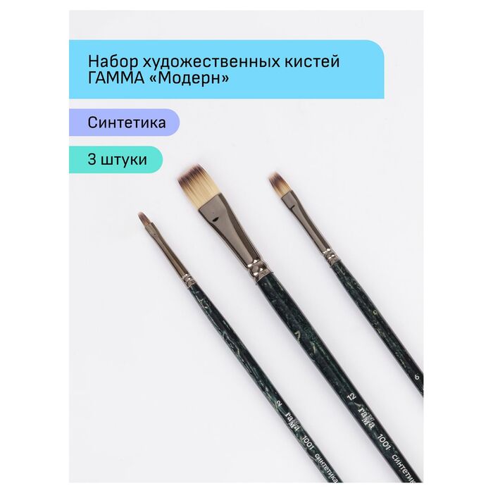 Набор художественных кистей синтетика Гамма "Модерн", 3шт., плоские №2, 6, 12, блистер, европодвес