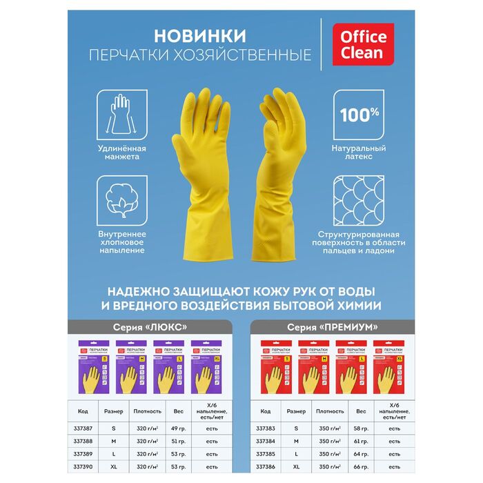 Перчатки резиновые хозяйственные OfficeClean ЛЮКС, многоразовые, хлопчатобумажное напыление, плотные, р.S, желтые, пакет с европодвесом