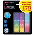 Клей-карандаш 21 г, ВЫГОДНАЯ УПАКОВКА, BRAUBERG GRADE, 3 штуки на блистере, PVP-основа, 271248