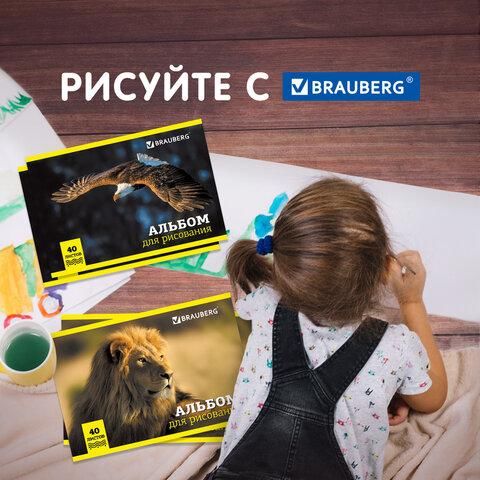 Альбомы для рисования А4 40 л., КОМПЛЕКТ 4 шт., скоба, обложка картон, BRAUBERG, 200х283 мм, "Дикие" (2 вида), 880039