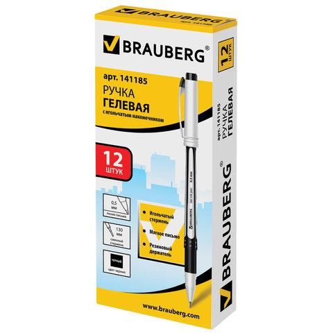 Ручка гелевая с грипом BRAUBERG "Contact", ЧЕРНАЯ, корпус черный, игольчатый узел 0,5 мм, линия письма 0,35 мм, 141185