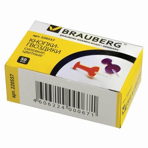 Силовые кнопки-гвоздики BRAUBERG, цветные, 50 шт., в картонной коробке, 220557