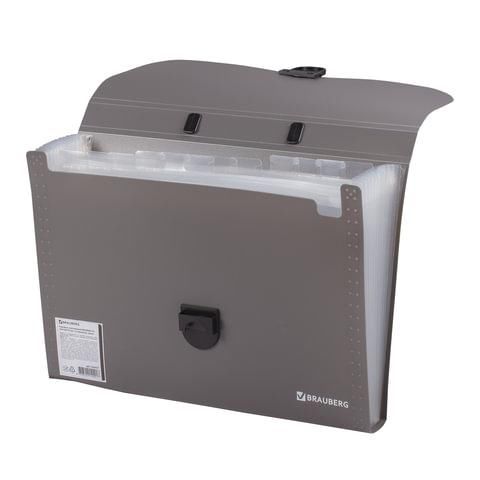Папка-портфель пластиковая BRAUBERG "ПРОЕКТ", А4 (330х240х35 мм), 13 отделений, серый, РОССИЯ, 226027