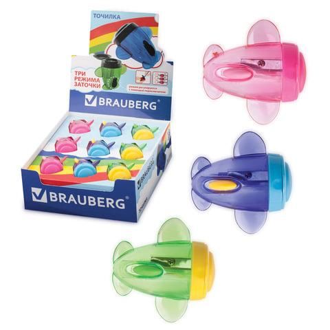 Точилка BRAUBERG "JET", 3 угла заточки, пластиковая с контейнером, ассорти, 223591