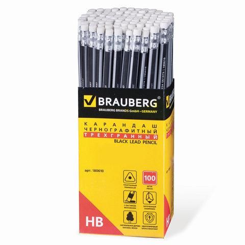 Карандаш чернографитный BRAUBERG, 1 шт., "Alderida", НВ, трехгранный, с ластиком, корпус черный, заточенный, 180610