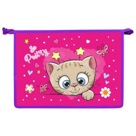 Папка для тетрадей ЮНЛАНДИЯ А4, 1 отделение, пластик, на молнии, "Pretty Kitty", 271452