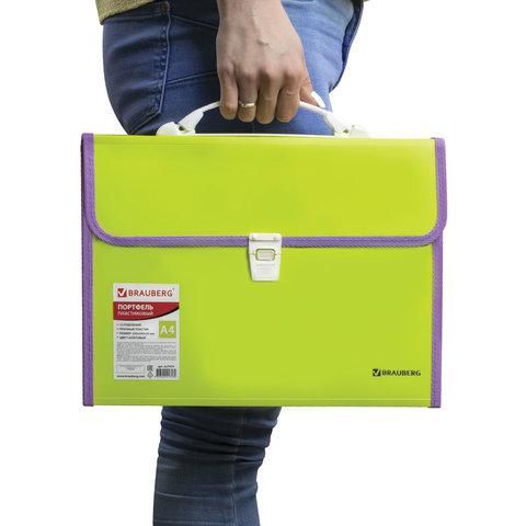 Папка-портфель пластиковая BRAUBERG "JOY", А4 (330х245х35 мм), 13 отделений, с окантовкой, салатовая, 227974