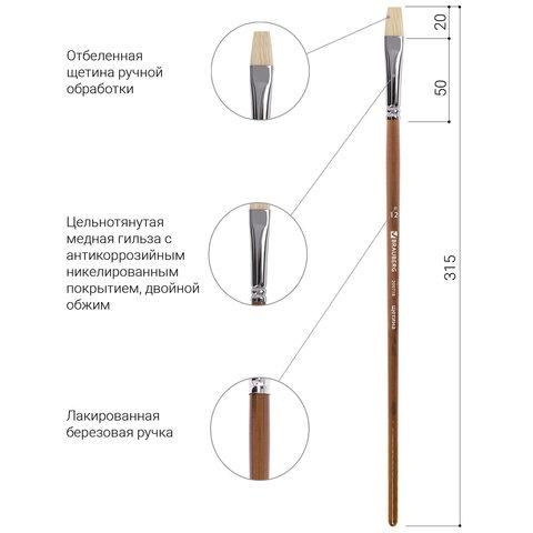 Кисть художественная профессиональная BRAUBERG ART CLASSIC, щетина, плоская, № 12, длинная ручка, 200718