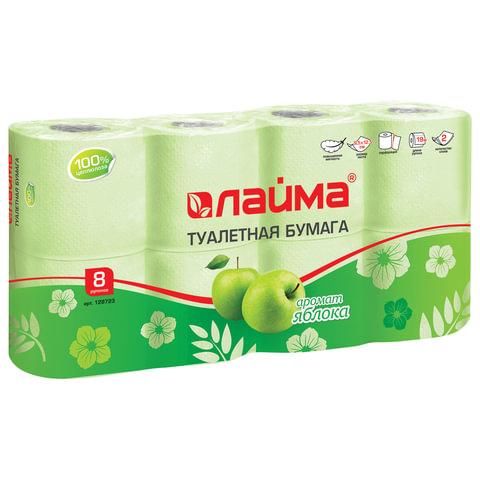 Бумага туалетная бытовая, спайка 8 шт., 2-х слойная, (8х19 м), LAIMA, аромат яблока, 128723