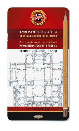 Набор карандашей чернографитных профессиональных Technic "KOH-I-NOOR" 1502/1 (HB-10H), в металлической коробке, 12 шт